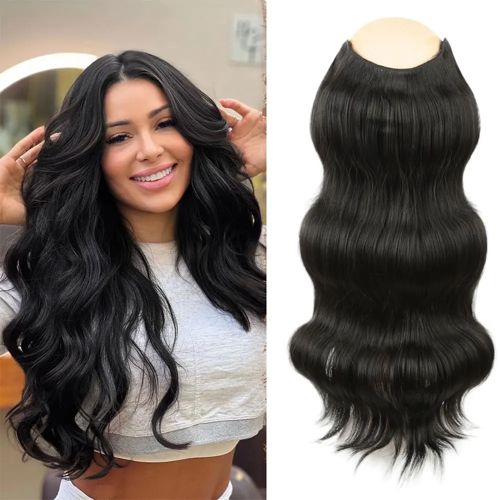 

Alibaby Clip In Hair Extensions V Part 5 Secure Clips Natural Black Long Wavy Secret Hairpiece 22 Inch for Women Party Daily Use