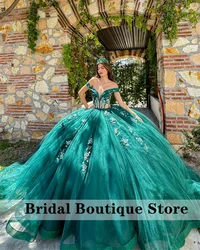 Emerald Green Flowers Appliques Quinceanera Dress 2024 Beads Crystals Court Train Ball Gown Pageant Sweet 15 Party Vestidos