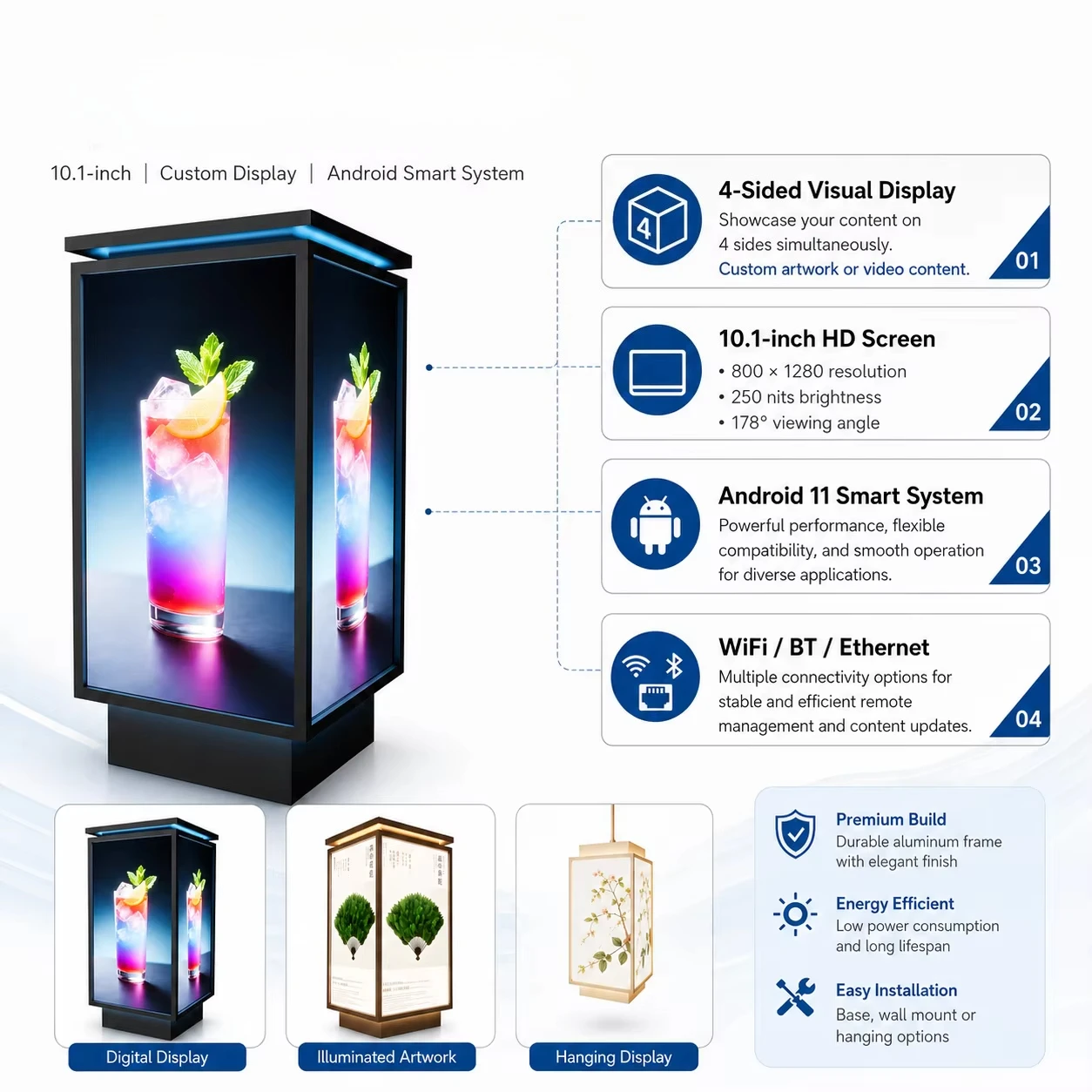 10.1 Inch 4-Sided Screen Light Box Android 11 Custom Advertising Display Digital Signage for Tabletop & Hanging Use