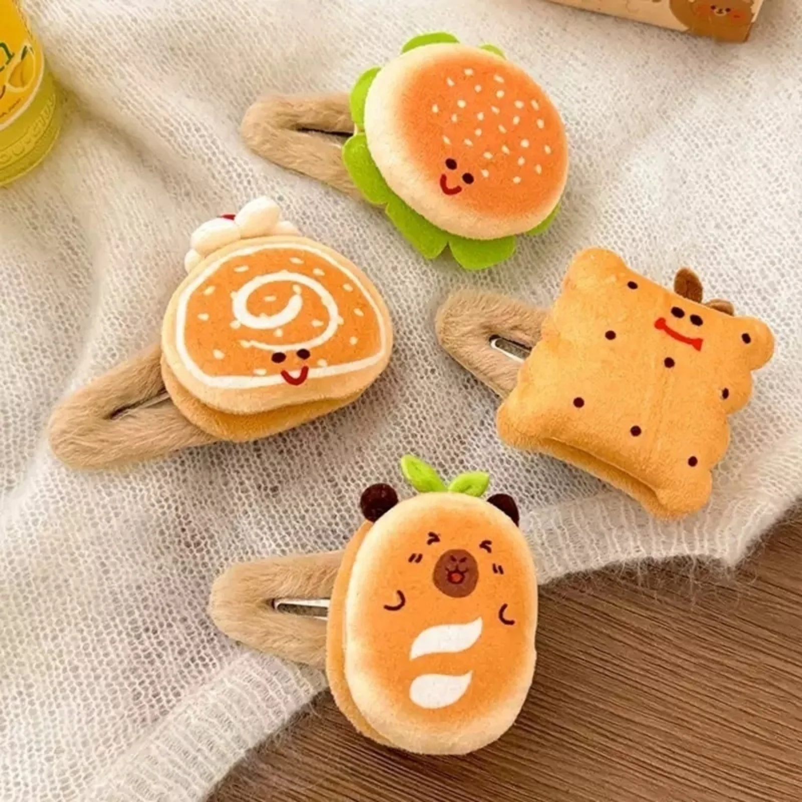 1/4-teiliges Plüsch-Haarspangen-Set für Lebensmittel – thematische Haarspangen, 4-teiliges Brot-, Burger- und Gebäckdesign, niedliche Haarnadeln für Kinderfrisuren – Detail 7