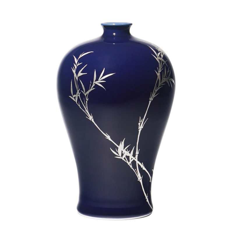 Handmade ceramic vase Chinese study ornament hand-painted sterling silver wind bamboo Ji blue plum vase height 19.5cm