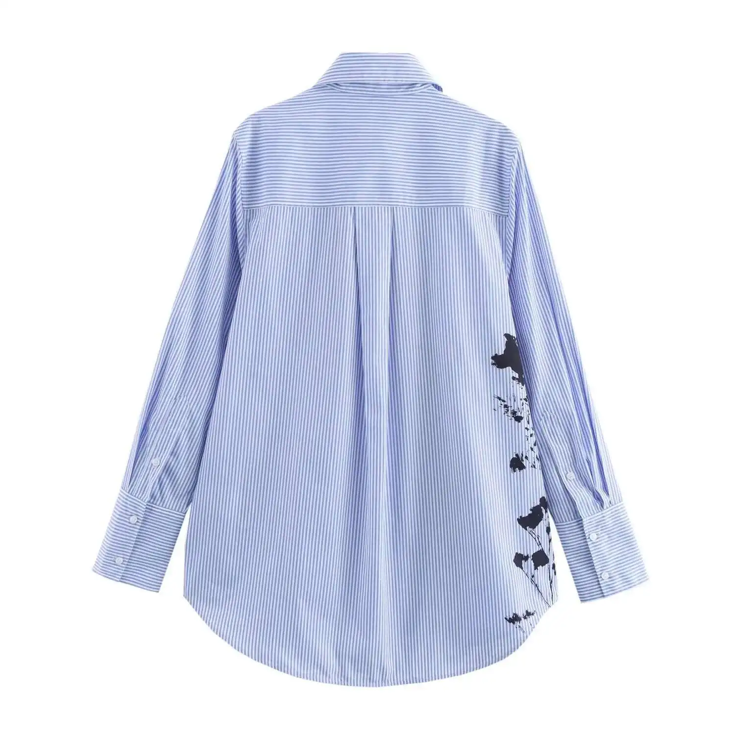 Maxdutti Minimalist Ral 프린트 블루 스트라이프 봄 2025 긴팔 루즈 피트 셔츠 블라우스 여성상의