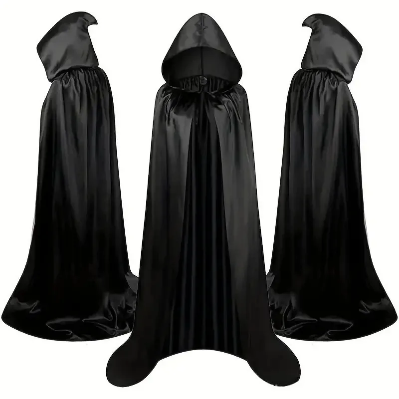 Purim Cosplay Cloak Witch Long Cape Costume Soft Unisex Hooded Black Robe Prop Halloween Masquerad Party for Man Woman