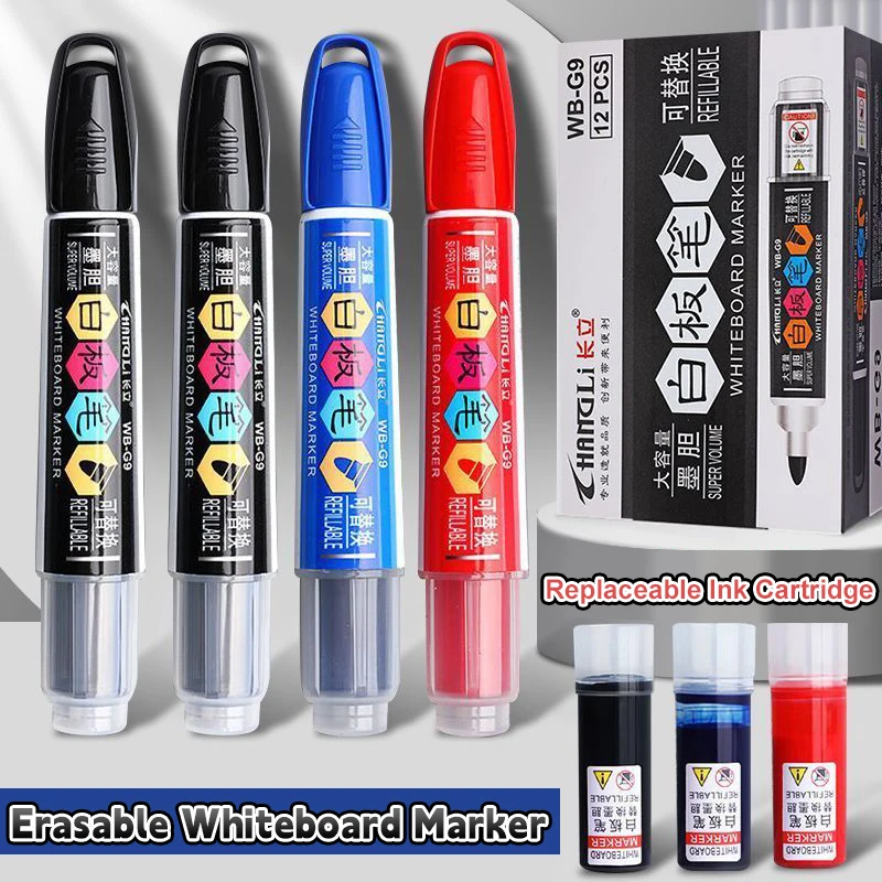 

6 whiteboard pens, including ink cartridges, with a large capacity and durability, easy to erase without leaving any traces