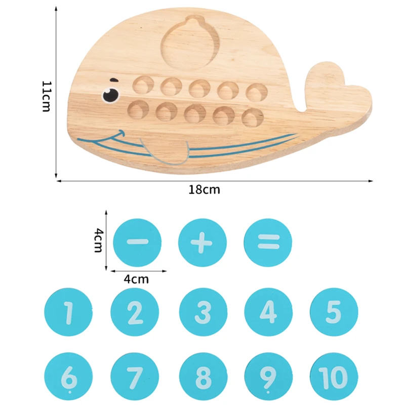 Tablero de números de madera para niños, contador de diez dígitos en forma de ballena, juego de correspondencia cognitiva, operación de resta y suma, juguetes de matemáticas