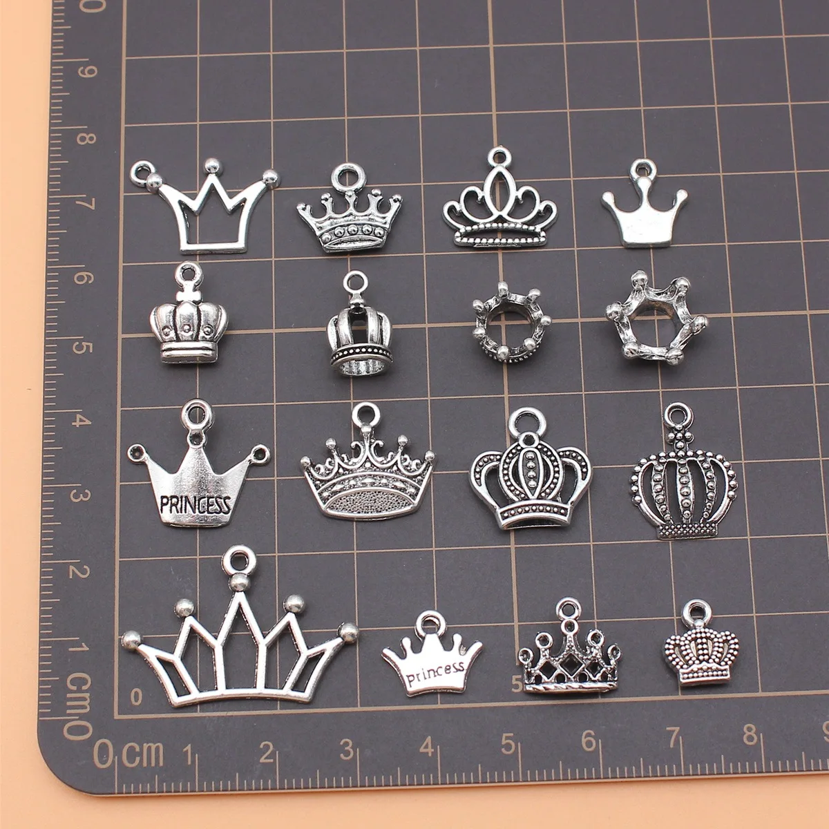 16pcs Antique Silver Color Crown Charms Collection For DIY Jewelry Making, 16 Styles, 1 of Each