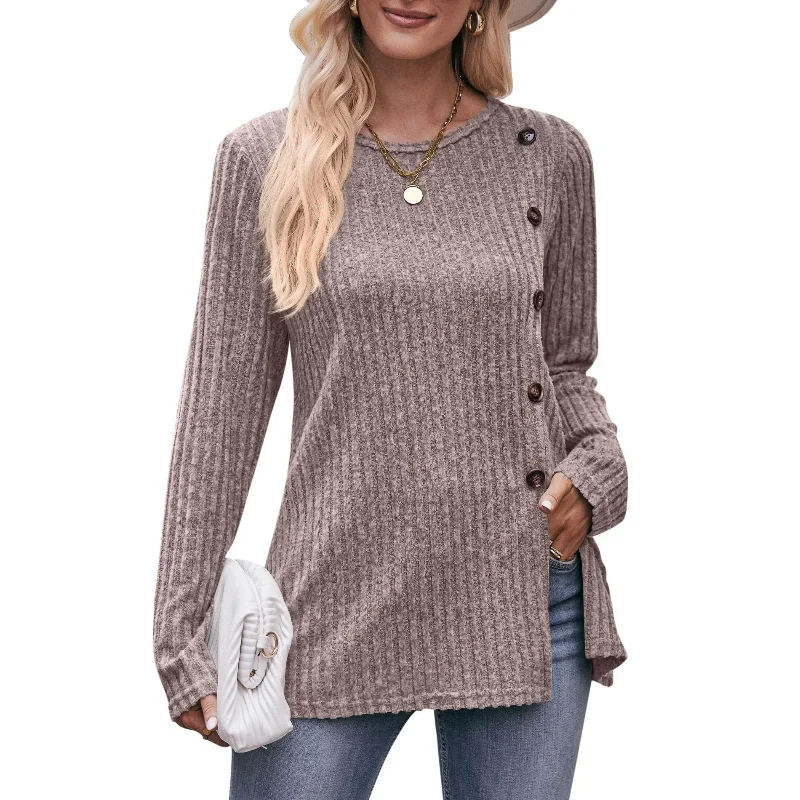 Women's Autumn Winter New Solid Color Loose Round Neck Fashion Casual Spliced Button Trend All-match Europe and America Pullover