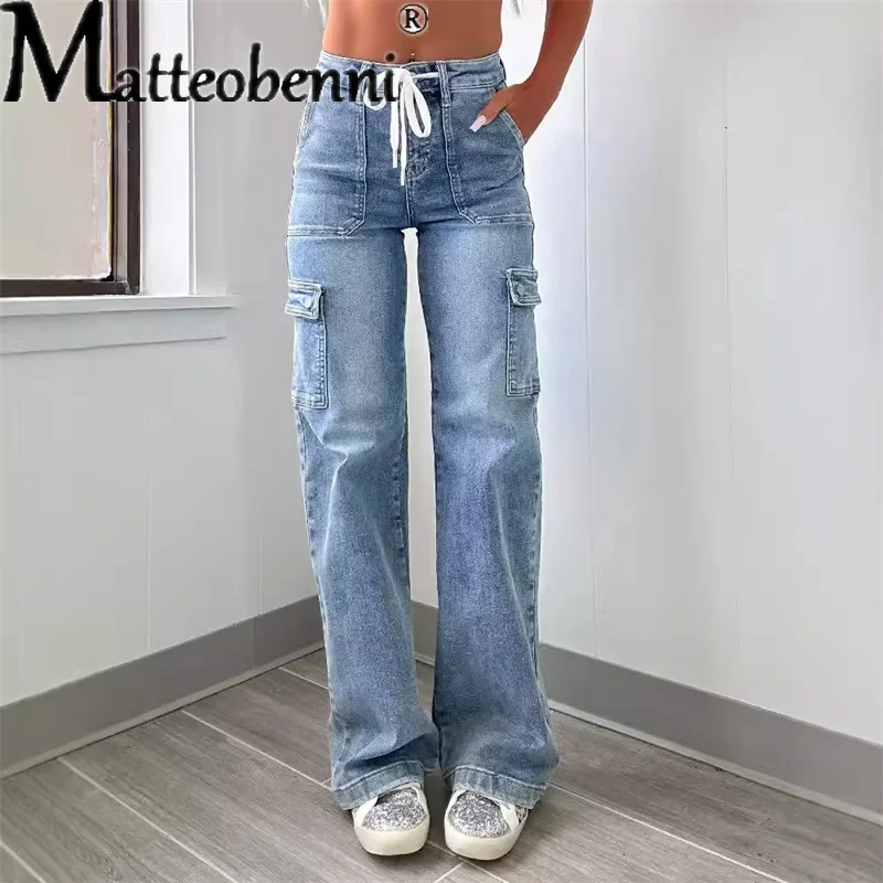 

Женские модные винтажные джинсы-карго на шнуровке, новые прямые джинсовые брюки с несколькими карманами, повседневные свободные брюки, уличная одежда