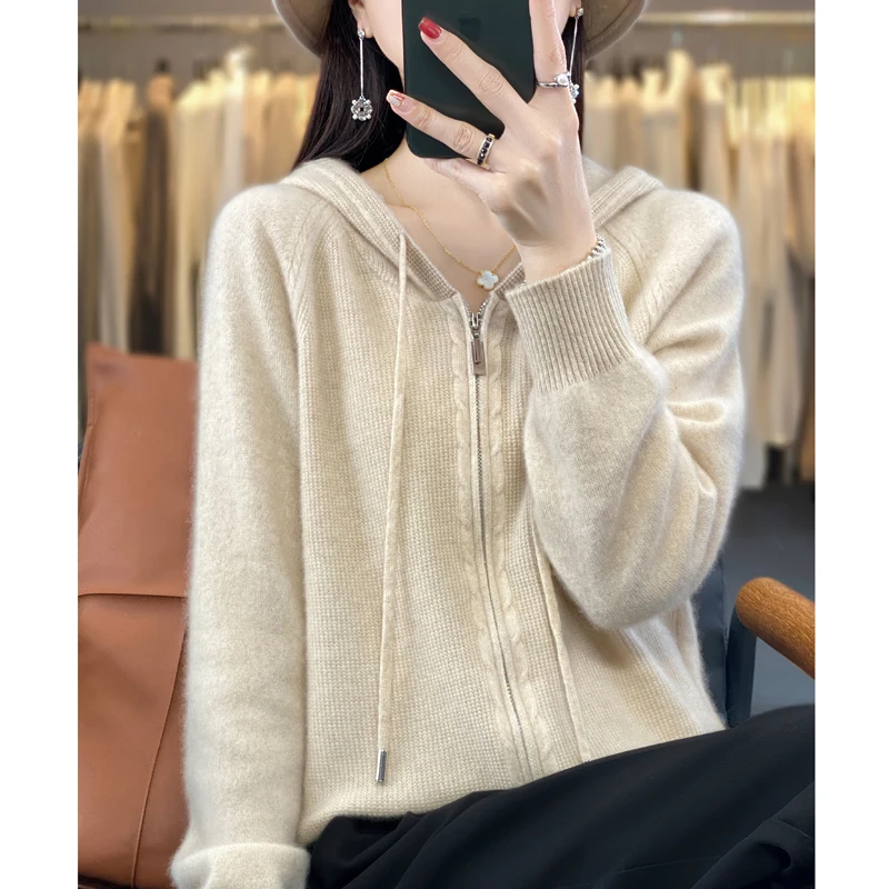 100% Cashmere Sweater Women\'s Hooded cardigan Fashion Loose Casual Cashmere Sweater Women\'s Thickened Top Coat Korean Version