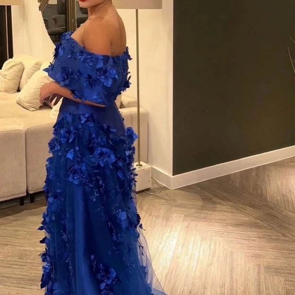 Cathy personalizar azul 3D flores fuera del hombro vestidos de fiesta satén A-line vestidos de novia hasta el suelo vestidos de noche 2024