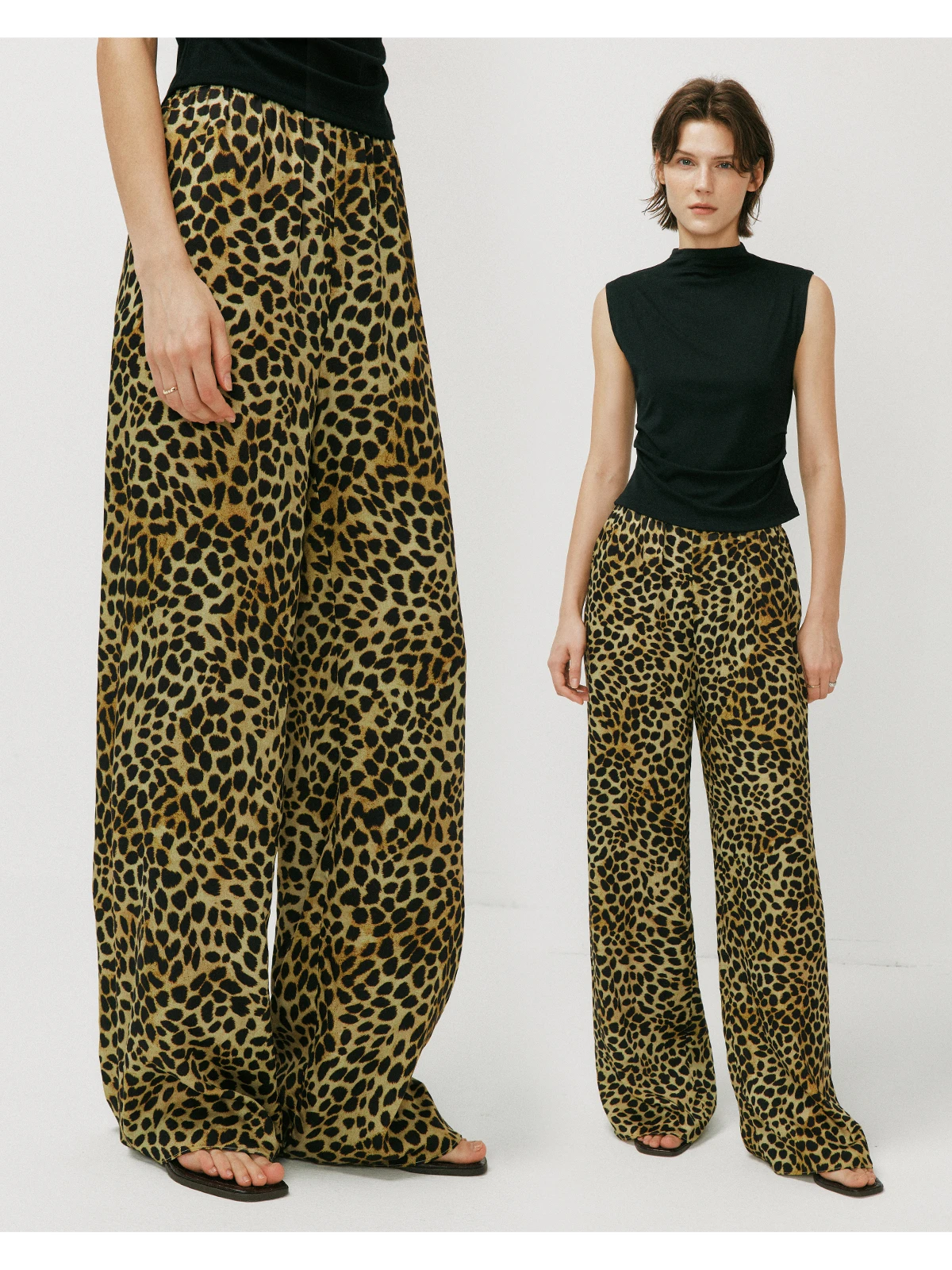 

Visual Leopard Print Loose Straight Leg Casual Pants Elastic Waist Slimming Effect Comfortable Breathable Women's Fashion