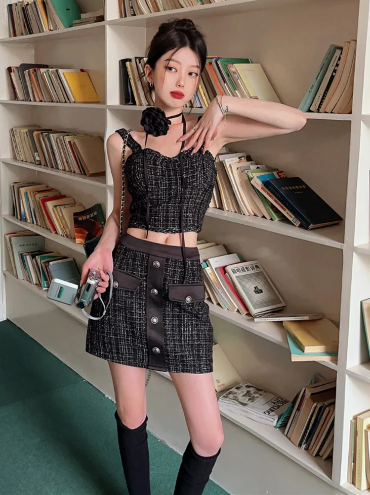 2023 Summer Elegant Sexy Tweed 2 Pcs Women Short Tank Crop Top + A-line Skirt Vintage Two Piece Skirt Suits Outfits Streetwear