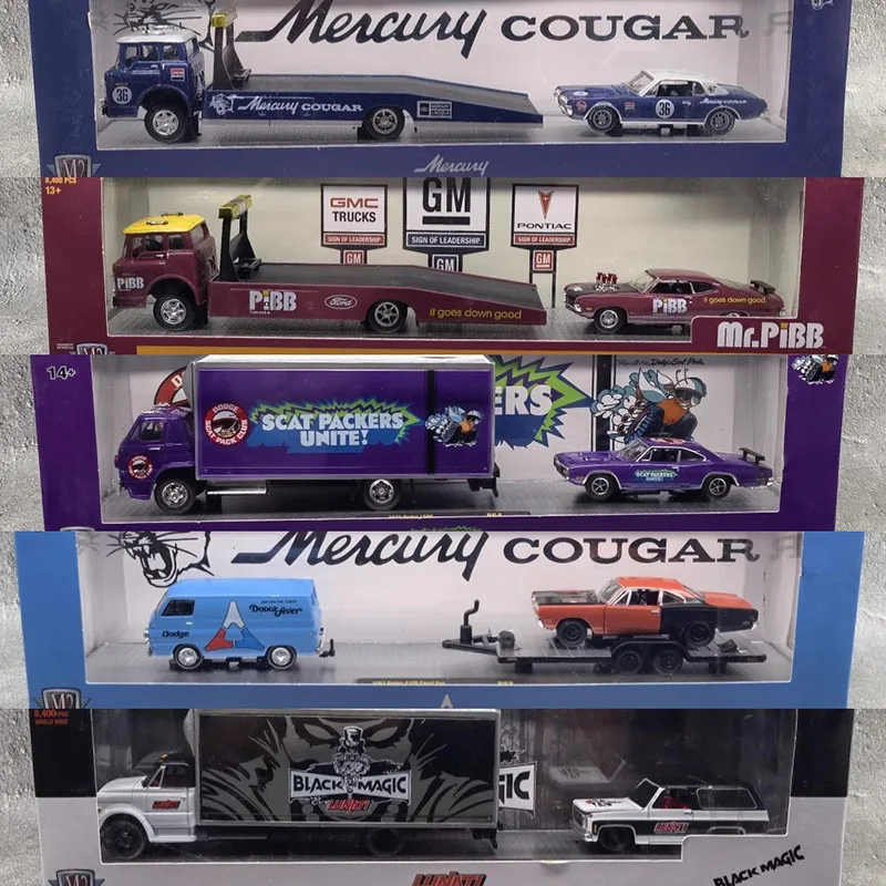 

Diecast M2 1/64 Scale GMC Ford Chevrolet Trailer Transporter Set Alloy Car Model Collectible Toy Gift Souvenir Display Ornament