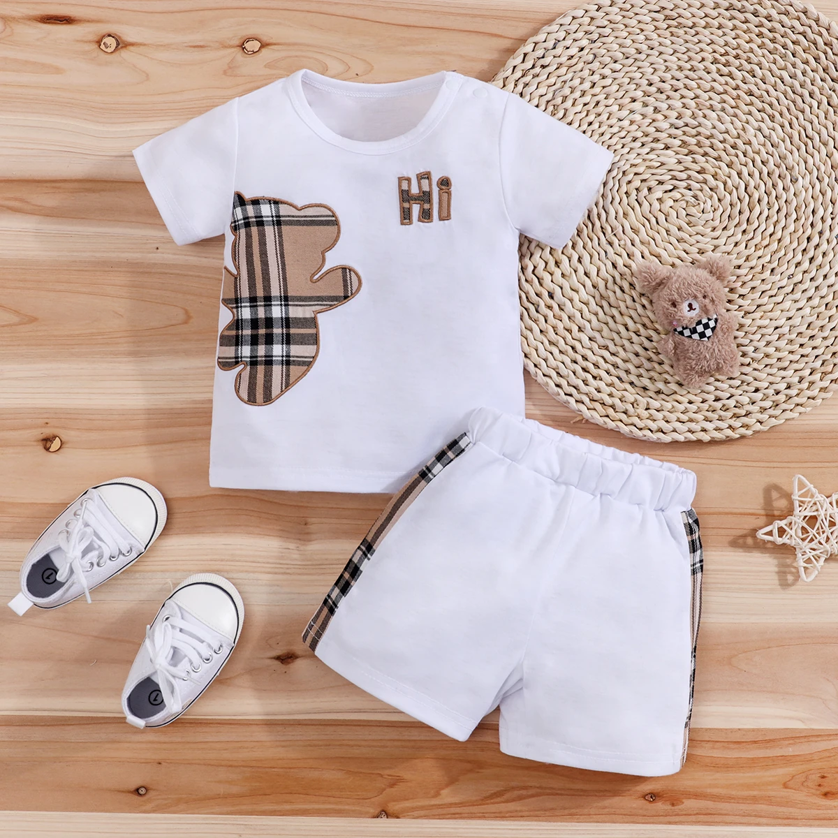 2pcs IURNXB Baby Clothes Set Infant Short Sleeve Tees+Shorts Cartoon Checked Bear Print Cute Kids Tops Pants Casual Suits 3-24M