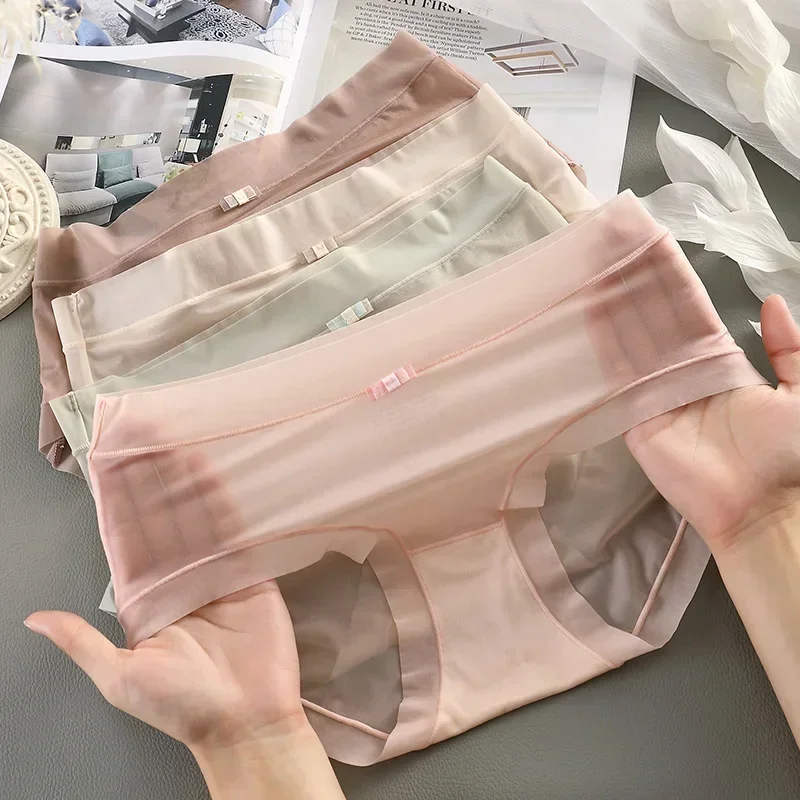 여성 얼음 실크 팬티 섹시한 투명 팬티 원활한 통기성 중간 상승 속옷 여름 컴포트 부드러운 속옷 여성
