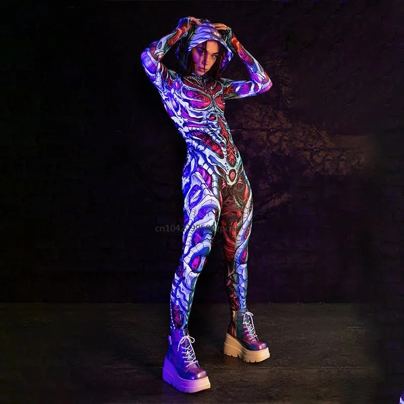 Teufel Skelett 3D-Druck Overall mit Hut Catsuit Cosplay Kostüme Strumpfhosen Zentai Anzug Halloween Party Bodysuit