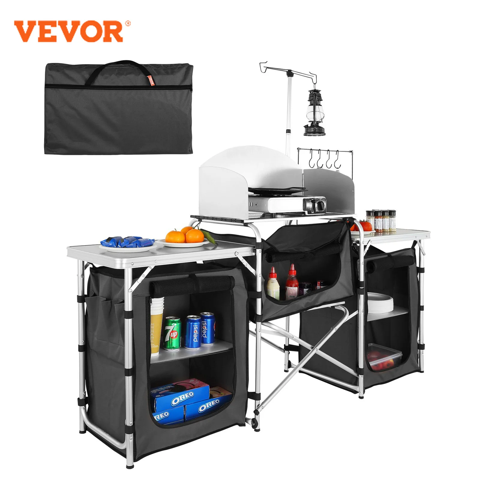 VEVOR camping kitchen dining table, foldable outdoor cooking table with storage bag, aluminum cooking table with 3 cabinets