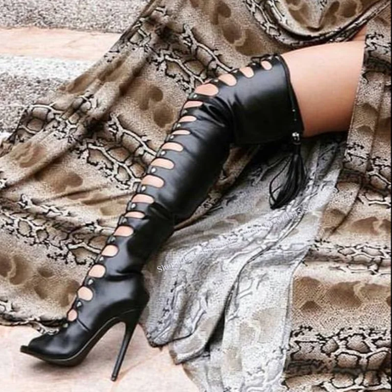 

Black Peep Toe Lace Up Sandal Boots Thin High Heel Fashionable Sexy 2023 Summer Casual Big Size Woman Shoes Zapatillas Mujer