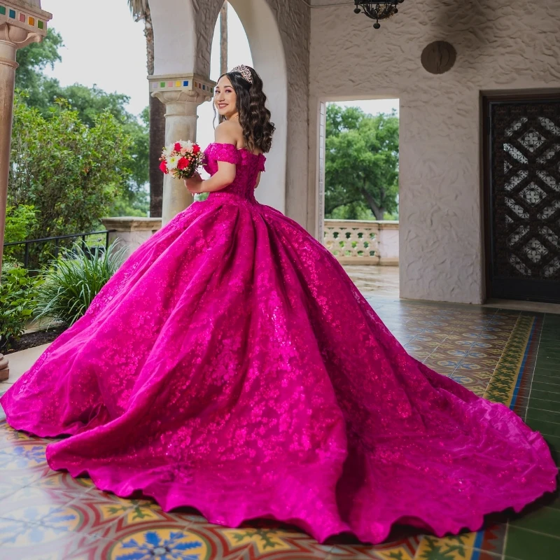 Luxury Rose Red Princess Ball Gown Sweet 16 Year Old Quinceanera Dresses sequin Applique Lace Brithday Party Vestidos De 15 Años