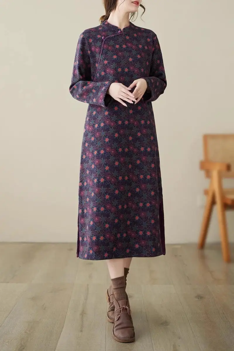 2023 Herbst/Winter Retro Blumen kleid Mutter tragen große lose Retro verbesserte Qipao mittellange Baumwolle Leinen Kleid z3971