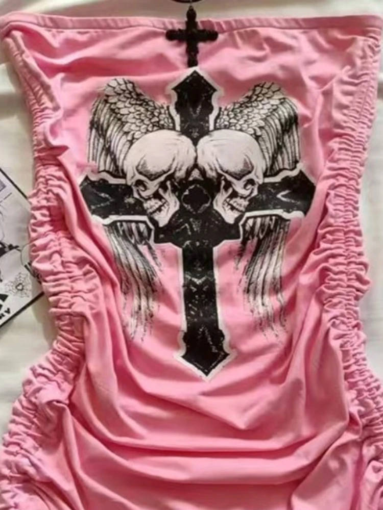 Summer Y2K Gothic Punk Pink Skeleton Print Dress Women Off Shoulder Design T-Shirt Dress Vintage Grunge Style Sexy Mini Dress