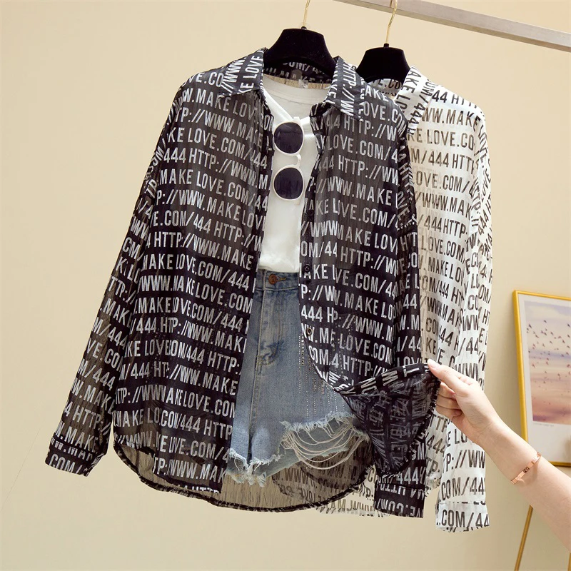 

Women's Long Sleeve Chiffon Sun Protection Clothing Letter AC Cardigan Versatile Thin Outerwear Trendy Spring Autumn