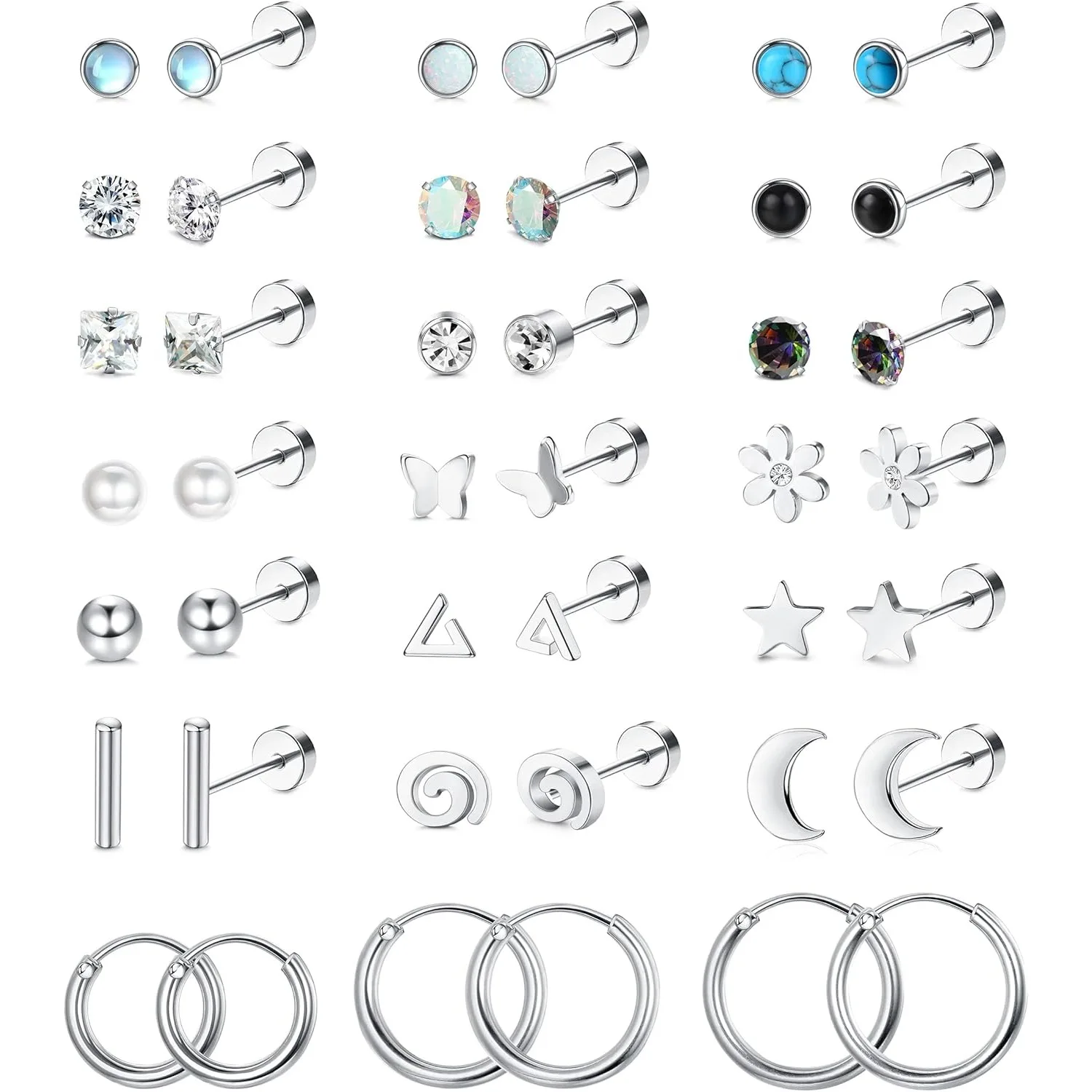 FASACCO 1 Pair Surgical Steel Flat Back Earrings for Women Men Hypoallergenic 20G Screw Back Cartilage Earring Piercing Jewelry