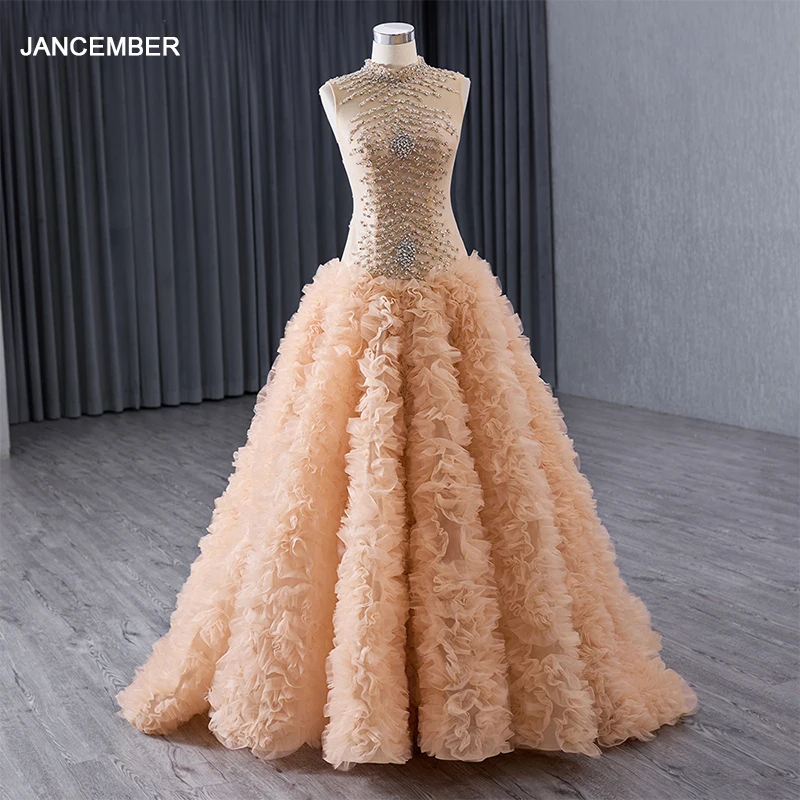 

Jancember Promotion Stylish Evening Dress for Women Organza High Neck Lace Up Crystal Ruched vestidos de noche RSM241015