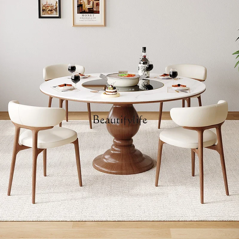 

Multifunctional solid wood rock slab dining table with induction cooker vegetable board retractable round table