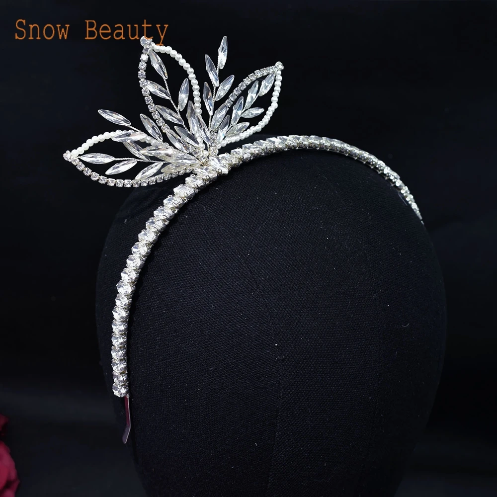 DZ064 Trendy Bridal Headband  Crystal Flower Headband Rhinestone Hairband Tiara for Women Handmade Pearl Bridal Headwear Gift