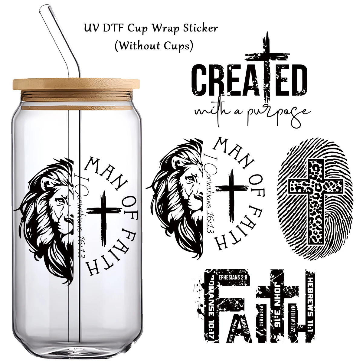 4Pcs UV DTF Cup Wraps Decals Lion Christian Jesus Cross Man Of Faith DIY Waterproof DTF Transfer Stickers for Mugs Water Bottle