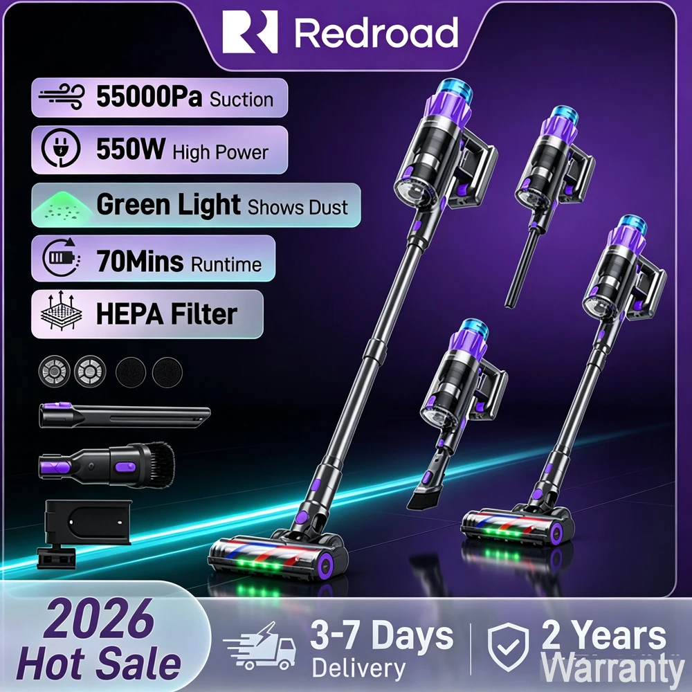 Redroad P9 Pro 550W Akku-Staubsauger 55KPA Starke Saugkraft für Tierhaare und Teppiche 70 Minuten Laufzeit Haushaltsreinigung