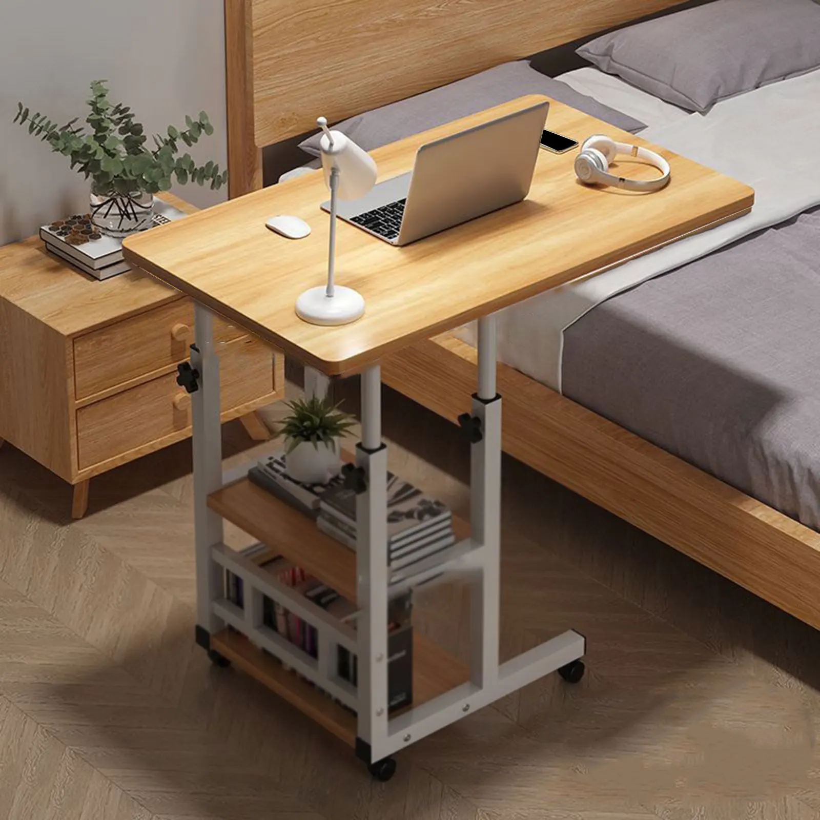 Rolling Bedside Table Multi-Functional Wheeled Movable Height Adjustable Table Bedside Table For Dormitory Living Room Space Sav