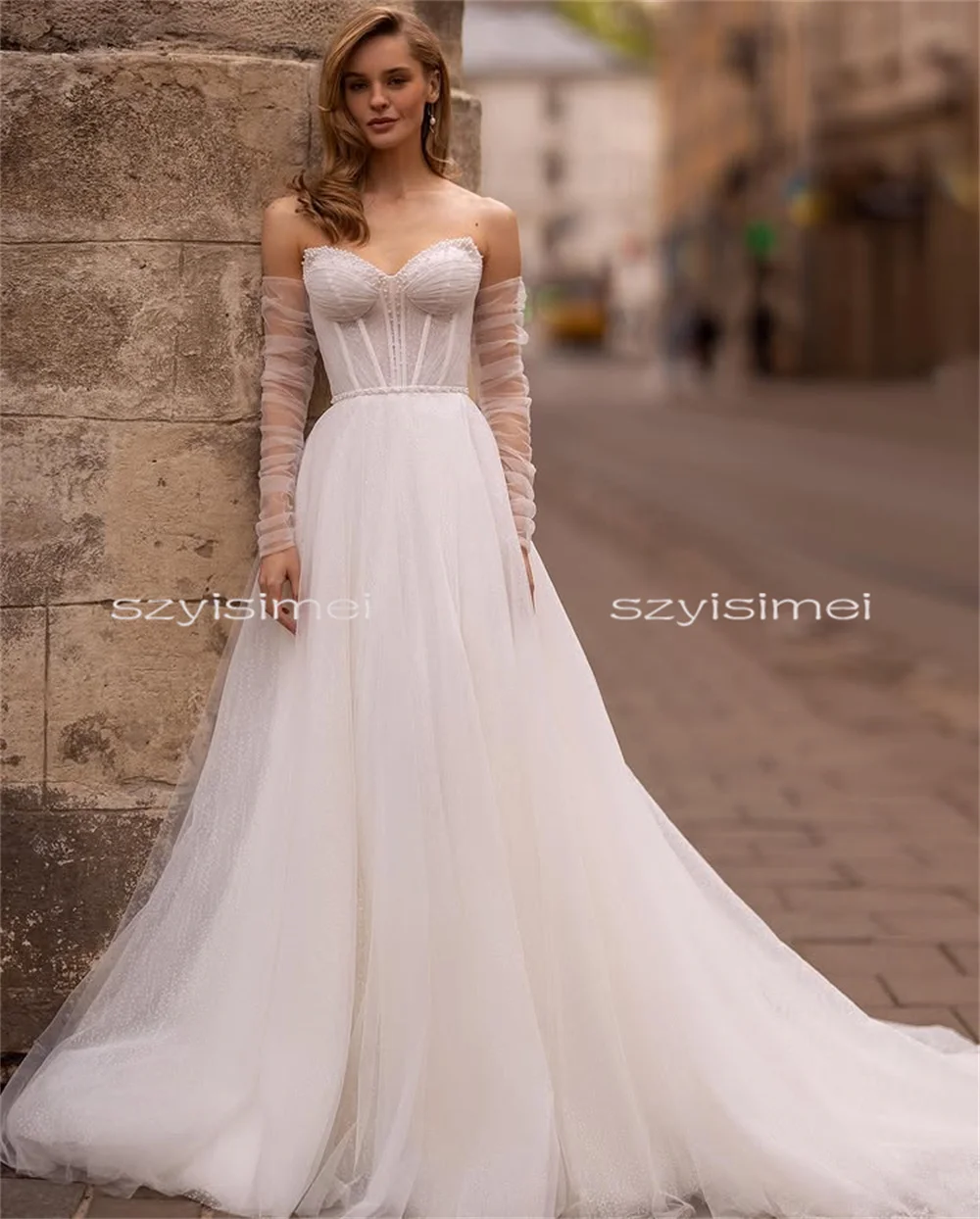 Charming Sweetheart With Peals A Line Glitter Tull Wedding Dresses Custom Made 2026 Rode De Morrie Dress For Wedding Luxury