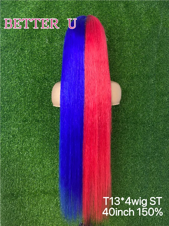 الأحمر مع الأزرق شعر مستعار بشري داكن مستقيم الدانتيل الباروكات الأمامية قبل قطعها البرازيلي نغمتين الملونة 13x4 13x6 الدانتيل شعر مستعار أمامي #5