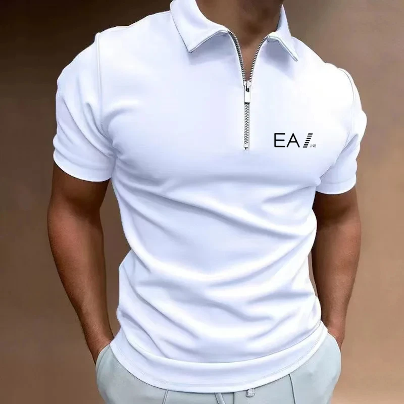 

Men's casual polo style polo shirt, lapel zippered T-shirt, breathable and comfortable, high-end business short sleeved