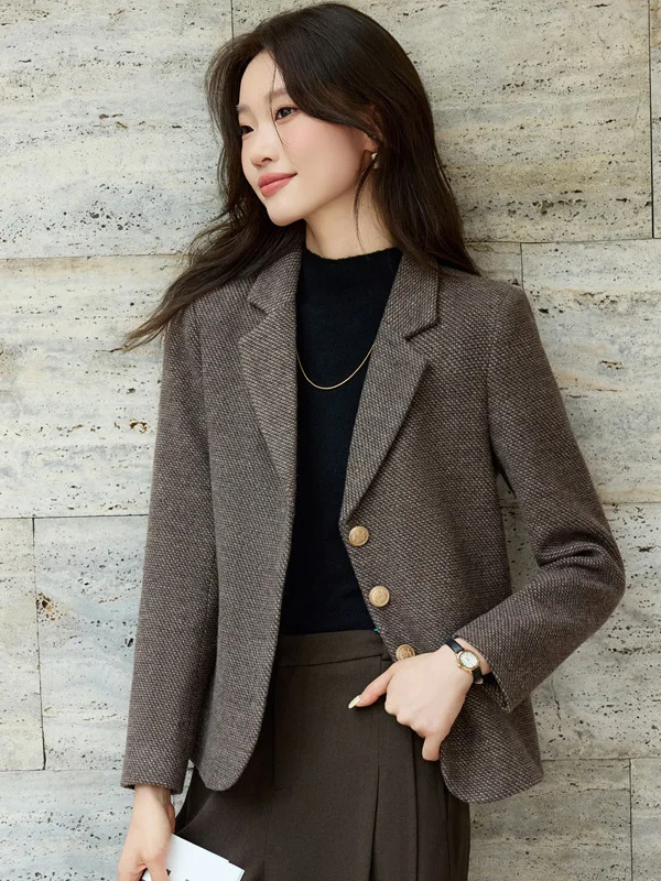 Brown Woolen Suit Jacket Women's Spring Autumn Short Casual Style Fashionable Button Pocket Design Full Lined Regular Fit