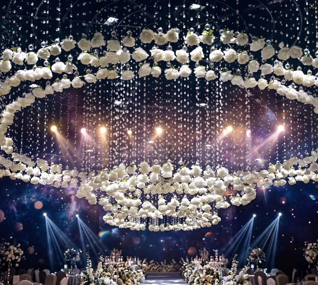 

Luxury Crystal Flower Ceiling Pendant Bead Strings Romantic Wedding Stage Hall Decor Event Party Walkway Props Circle Hanging