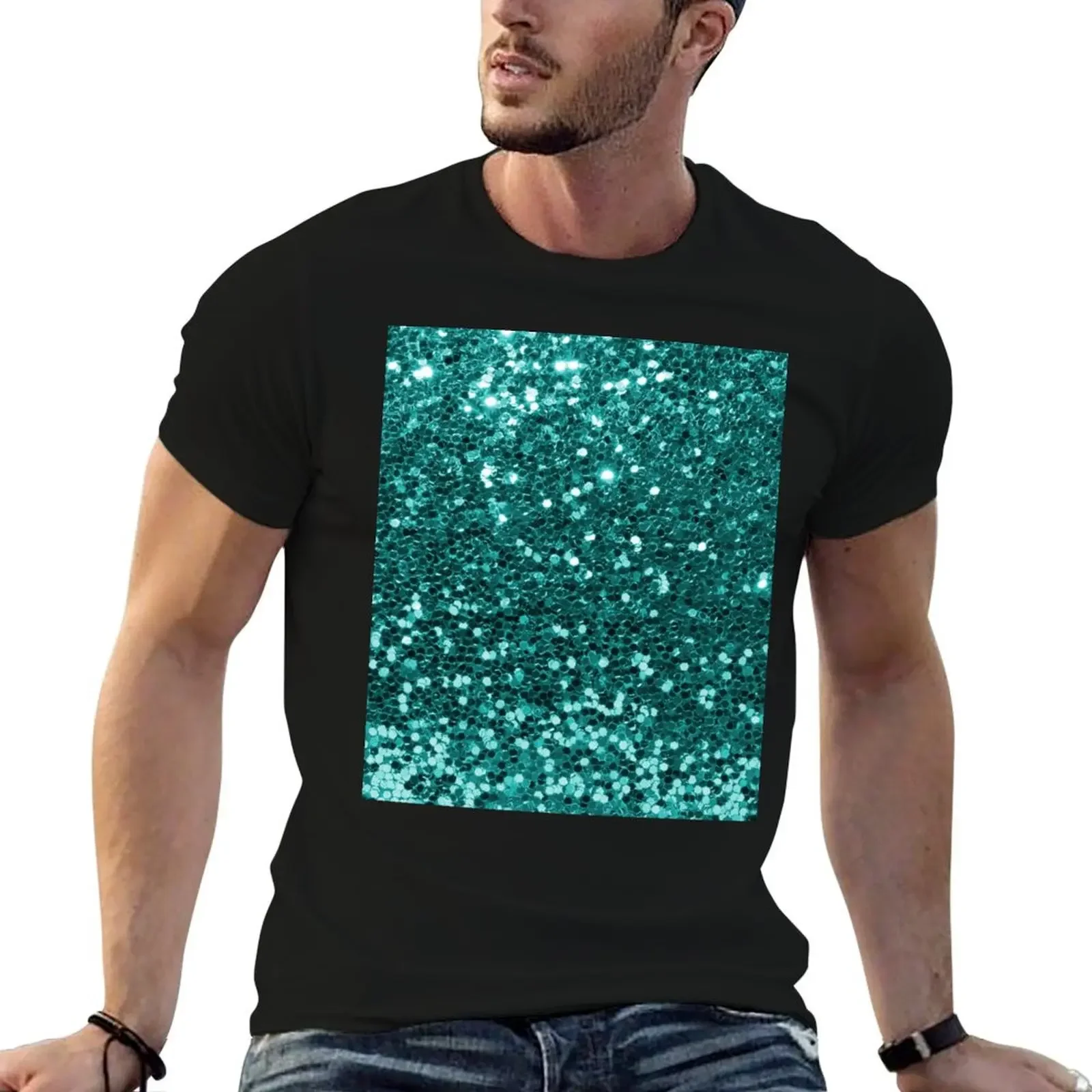 Turquoise Blue Glitter Look Chunky Sequin T-Shirt graphics for a boy Short sleeve tee mens graphic t-shirts pack