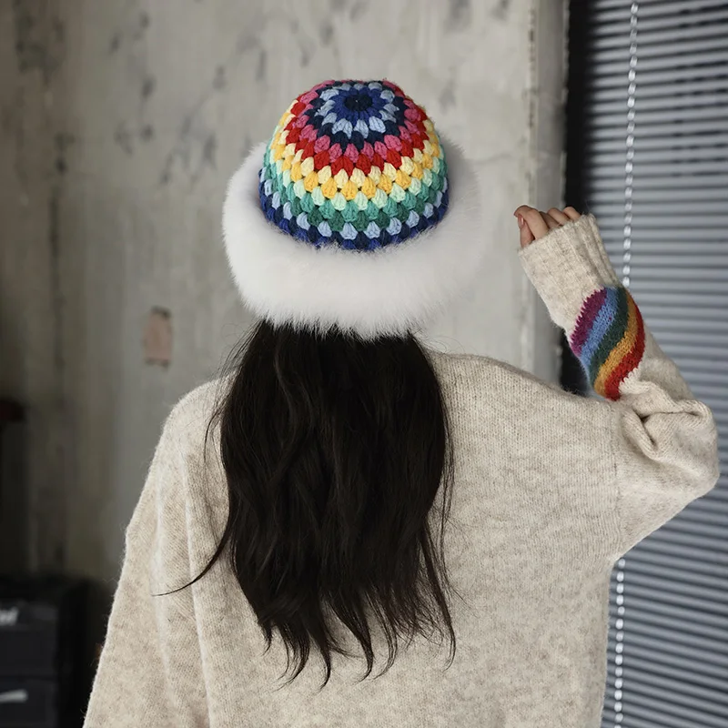 2024 Besfilin Knitted Hat with Fox Fur Brim for Women, Colorful Bucket Hats, Korean Version, Keep Warm, Autumn and Winter