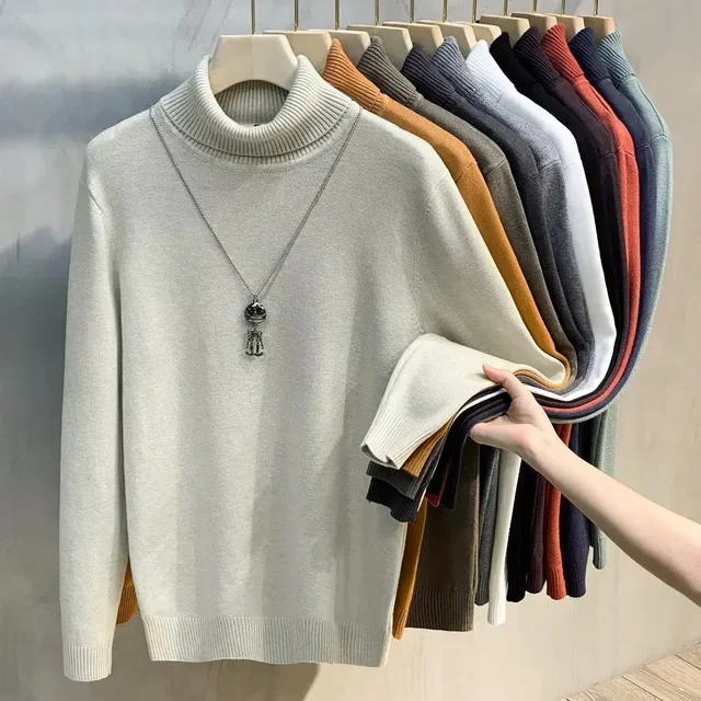 Sweter Mock Neck Striped Solid Men Pullovers Long Sleeve Jumpers Flat Knitted Slim Fit Winter 2024 Casual Standard Wool