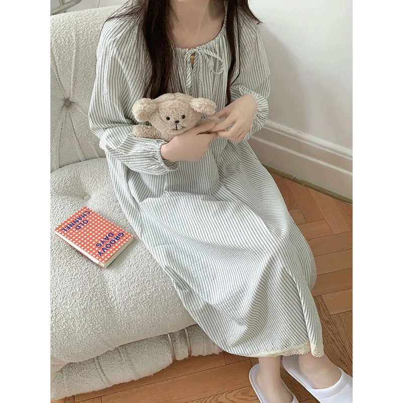 Striped Women Nightgown Korean Style Sleepwear Long Sleeve Night Dress Autumn One Piece Pajamas Casual Home Sleeping Wears New