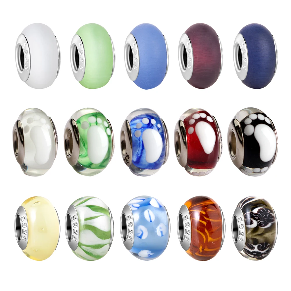 

Dazzling 925 Sterling Silver Multi-Colored Footprint Frosted Water Ripple Glass Beads Fit DIY Bracelet Necklace Beautiful Gifts