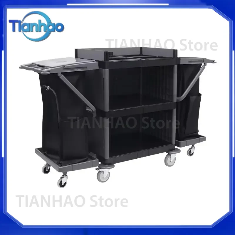 Plastic Housekeeping Room Service Cart Cleaning Trolley with Double Nylon Rubbish Bag for European Standard