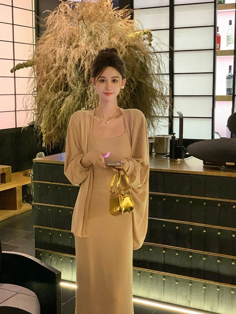 

Женский вязаный комплект Syj Ujia больших размеров с бретельками, завышенной талией, длинными рукавами, повседневный, осенний, в стиле Pure Desire Trend