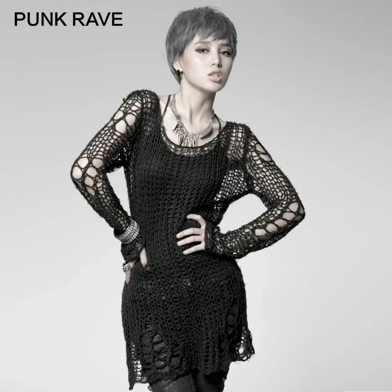 

PUNK RAVE Punk Broken Pullover Striped Ladies Stylish Cape Sweater Computer Knitting Holes Thin O-Neck Long Sleeves Tops