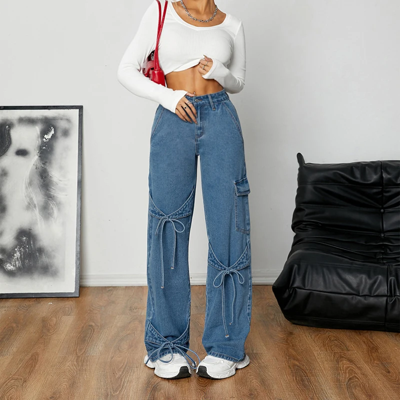 Blue Bow Detail Chic Jeans Women Loose Harajuku Y2K Straight Denim Pants American High Street Patchwork Pocket Wide Leg Trousers