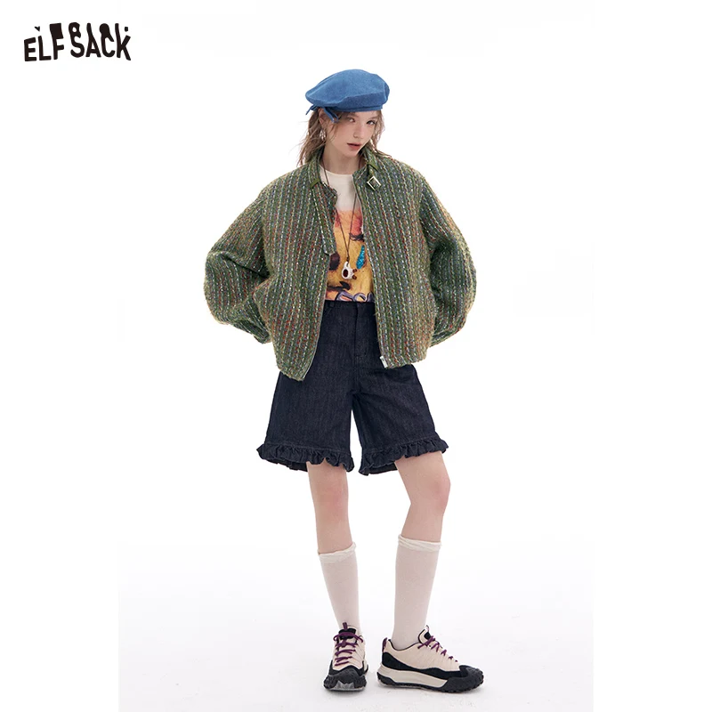 ELFSACK 2025 Spring New Arrivals Vintage Casual Tweed Short Thick Jacket