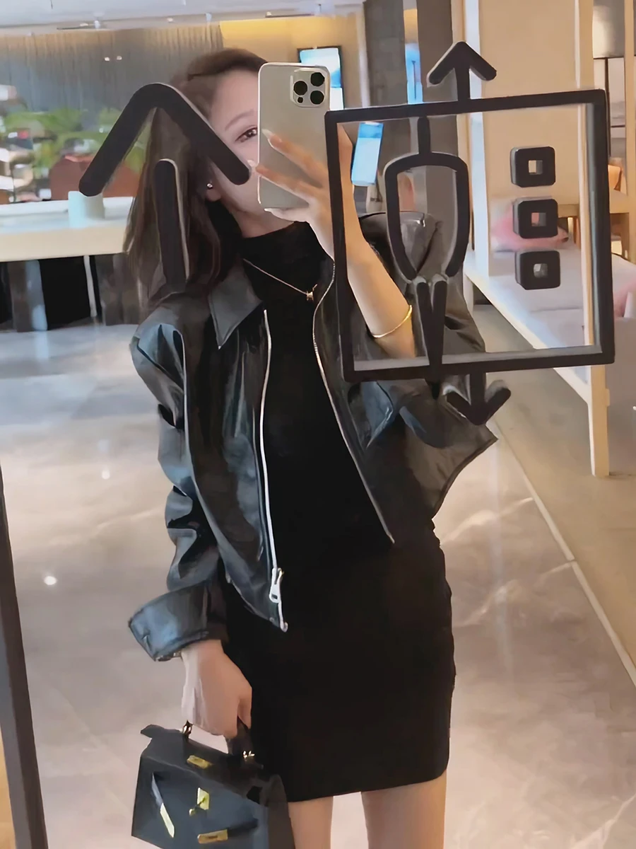 Ele ort Bla Couro Jaet Feminino Sle 2026 Nova Primavera High-End Feel Tamanho Pequeno Street Faion Fechamento com Zíper