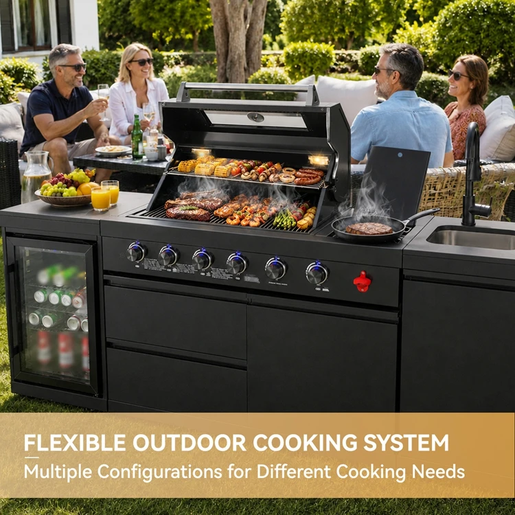 Customized  Warehouse Shipping Luxury SS304 Modular Barbecue Island Outdoor Kitchen Cabinet with Fridge for Patio